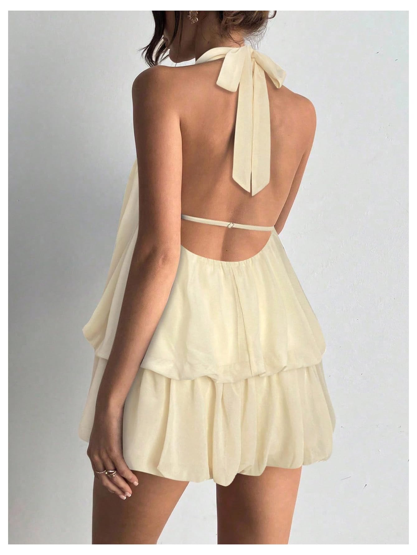 Floerns Women's Y2k Summer Halter Dress Tie Open Back Sleeveless Ruffle Hem Bubble Going Out Mini Dresses Apricot Small