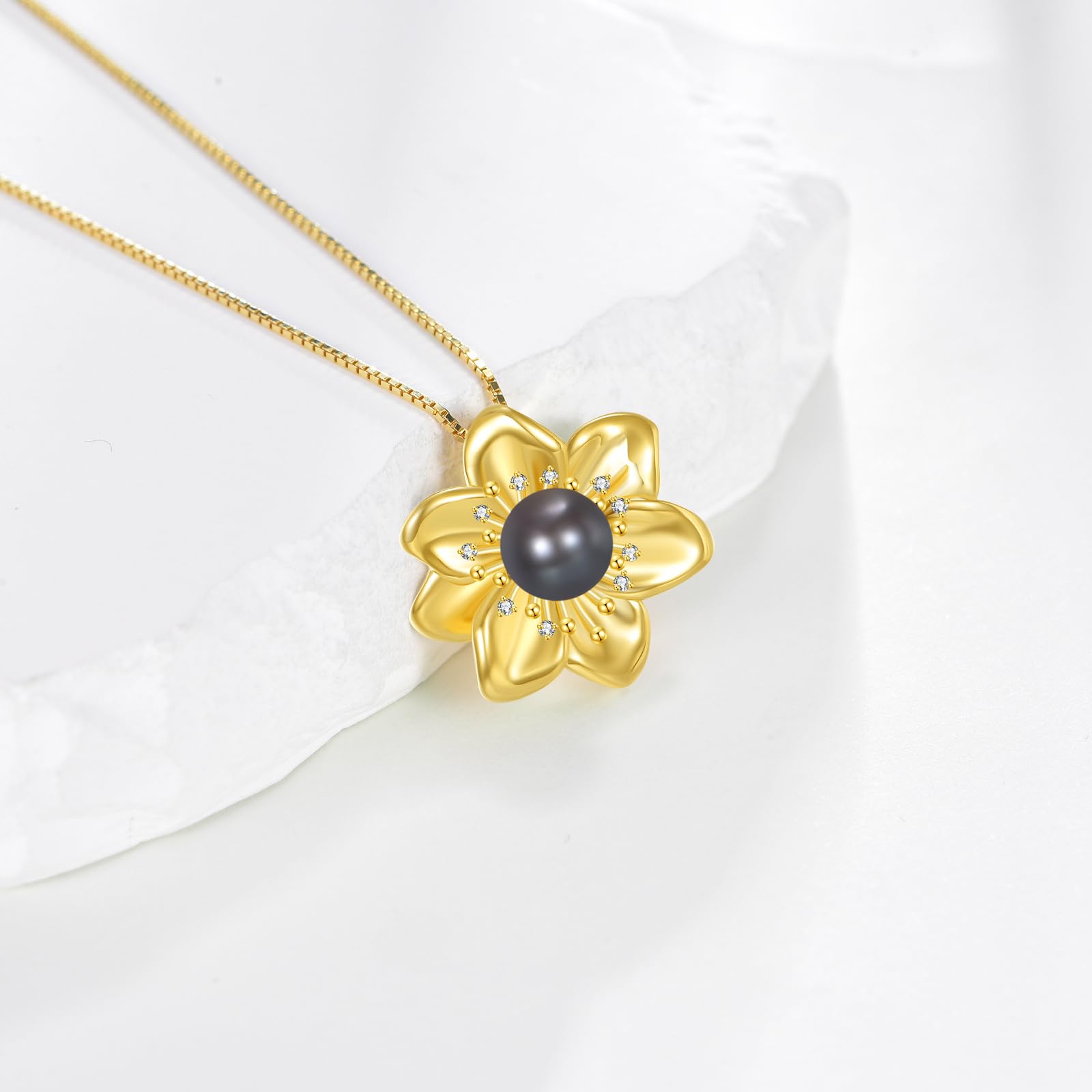 Diamond Flower Necklace for Women, 925 Sterling Silver Freshwater Cultured Black Pearl Pendant Necklaces with Lab Grown Diamonds Jewelry Gifts for Christmas Mothers Day Birthday
