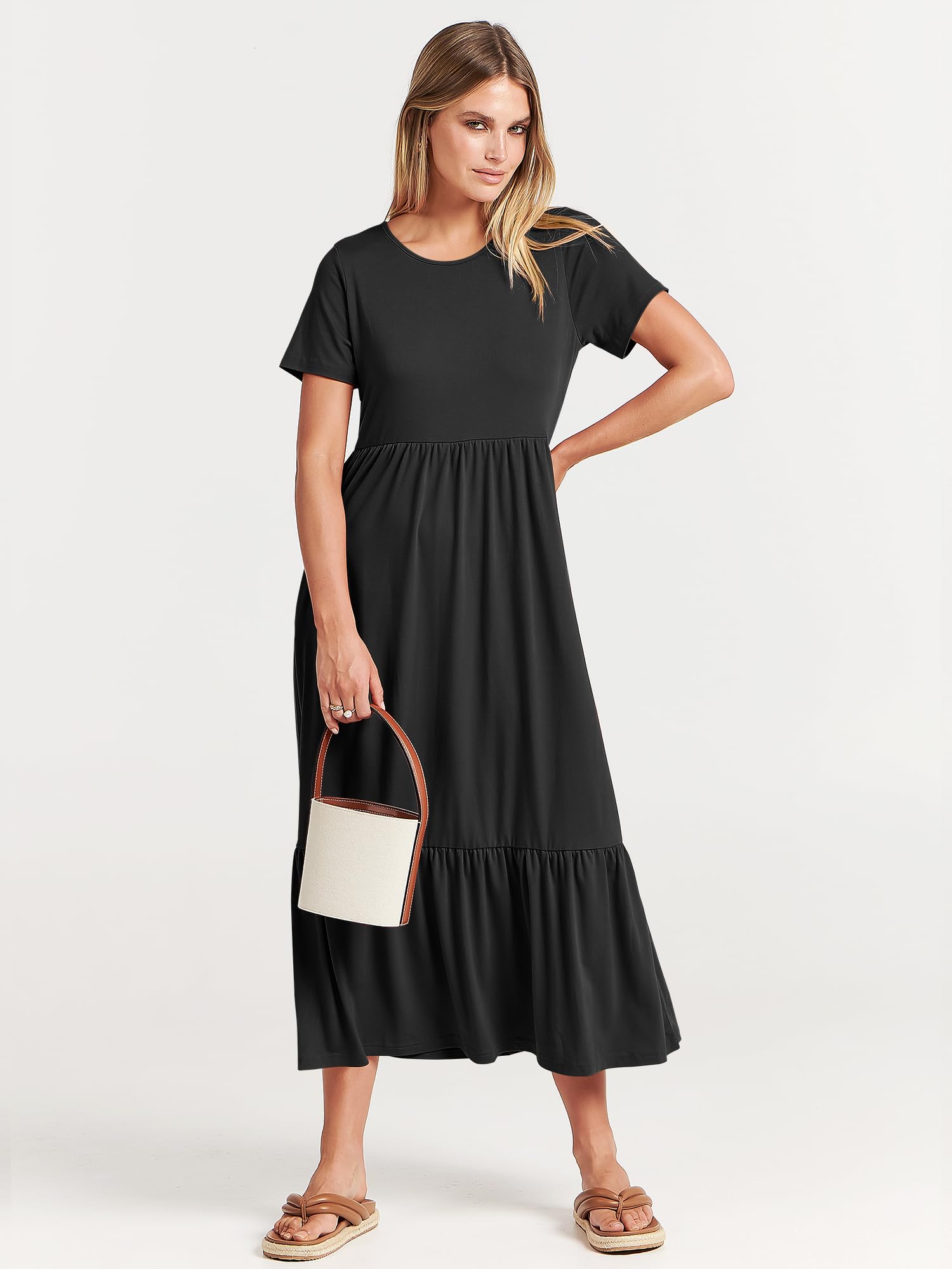 ANRABESS Womens 2025 Summer Casual Maxi Dress A line Tiered Flowy Short Sleeve Crewneck T Shirt Beach Travel Long Dresses Black Small