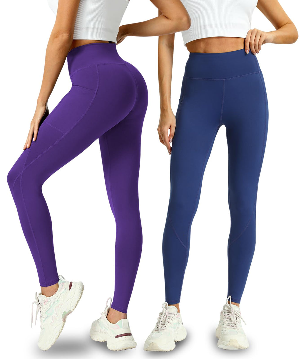 Mlenhor 4 Pack Leggings with Pockets for Women - High Waisted Tummy Control Workout Yoga Pants (US, Alpha, Large, Regular, Regular, 4 Pack-Green/Purple/Blue/Black)