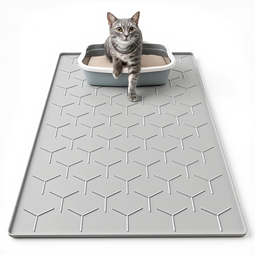Garoopion Cat Mat for Litter Box, Large 34" X 22" Cat Litter Mat, Waterproof Silicone Pad for Floor, Gray