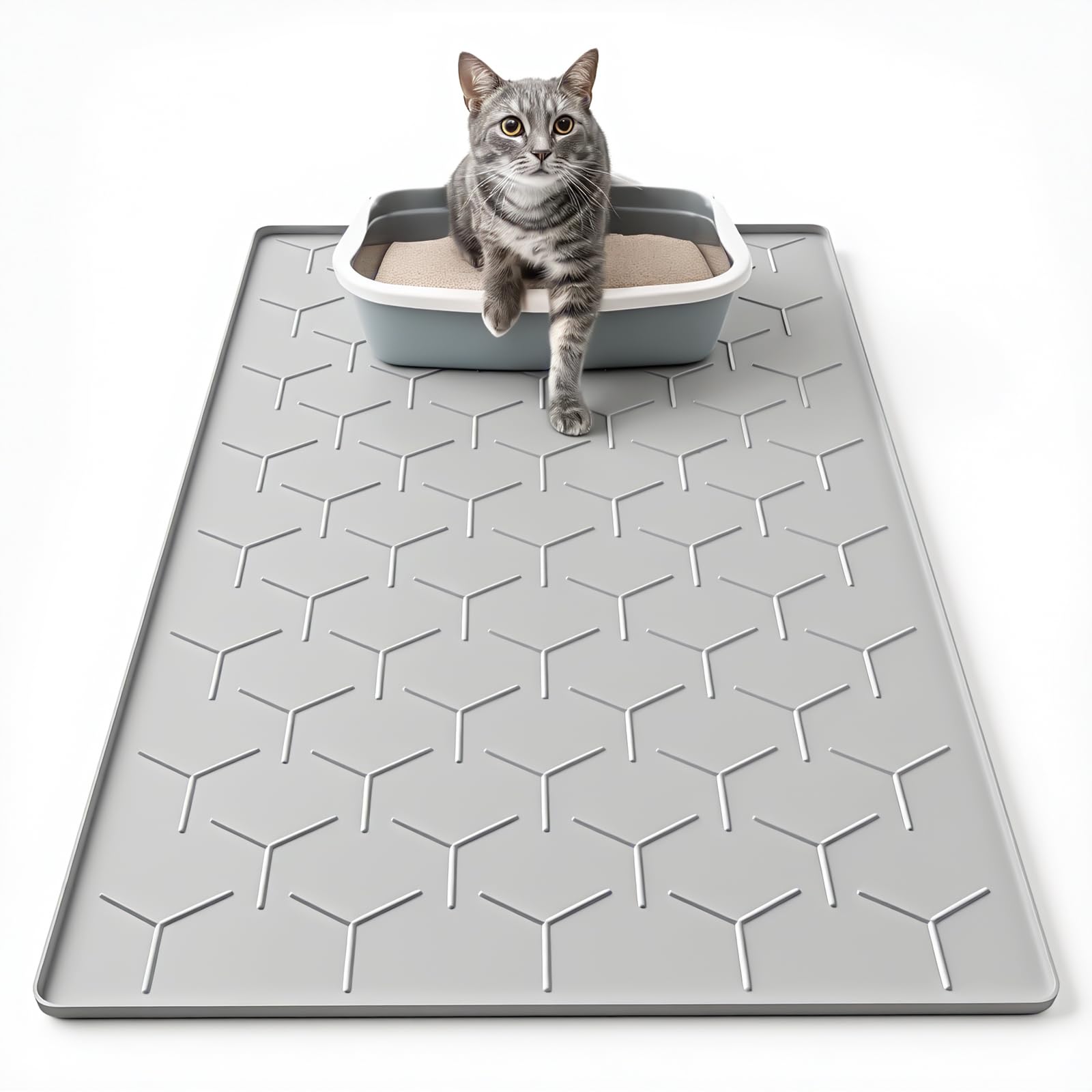 Garoopion Cat Mat for Litter Box, Large 34" X 22" Cat Litter Mat, Waterproof Silicone Pad for Floor, Gray