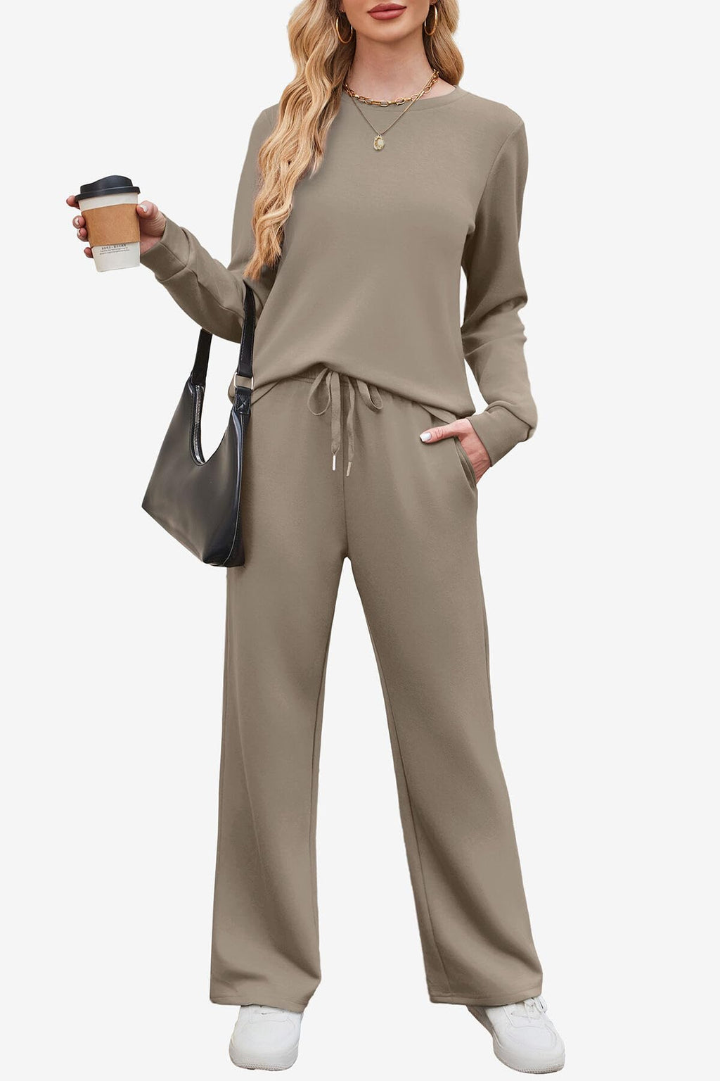 WIHOLL 2 Piece Sets for Women Fall Fashion 2026 Travel Vacation Airport Outfits for Airplane Going Out Comfy Matching Women's Clothing Petite Chocolate Brown Must Haves Track Suits Light Coffee L