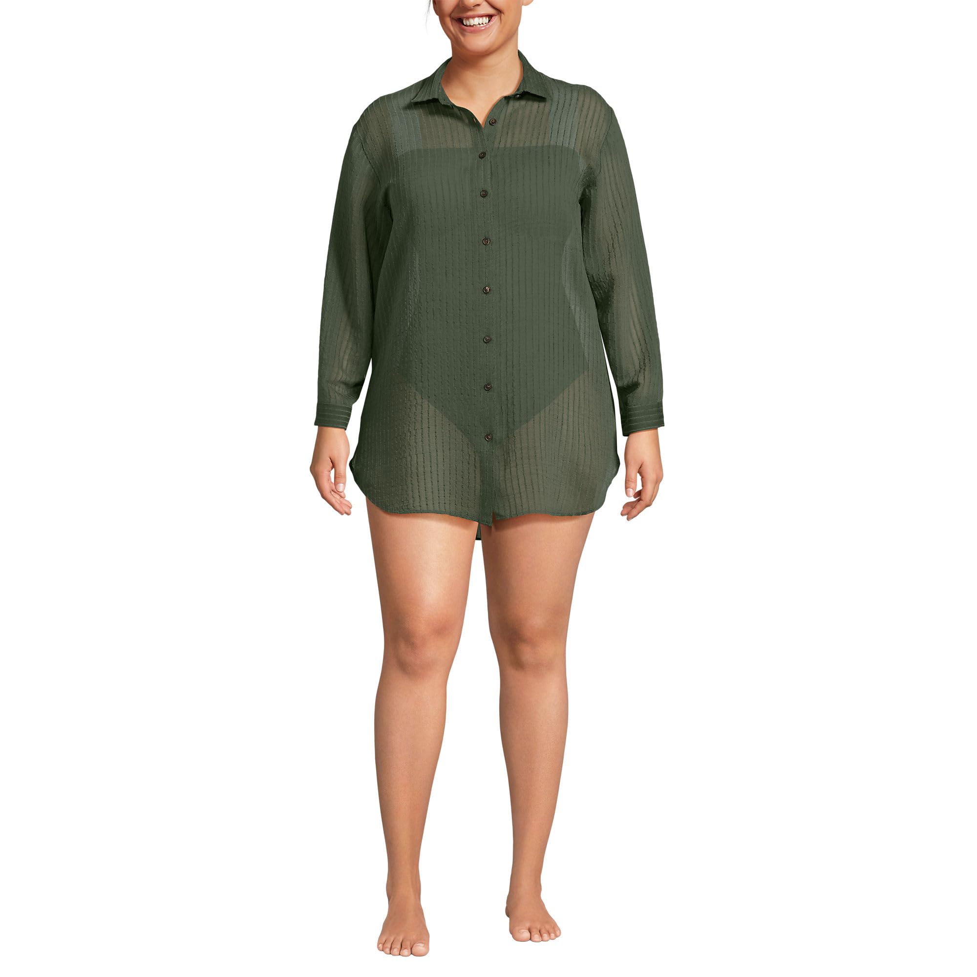 Lands' End Women's Rayon Rib Button Down Cover-Up X-Small Rich Olive Green