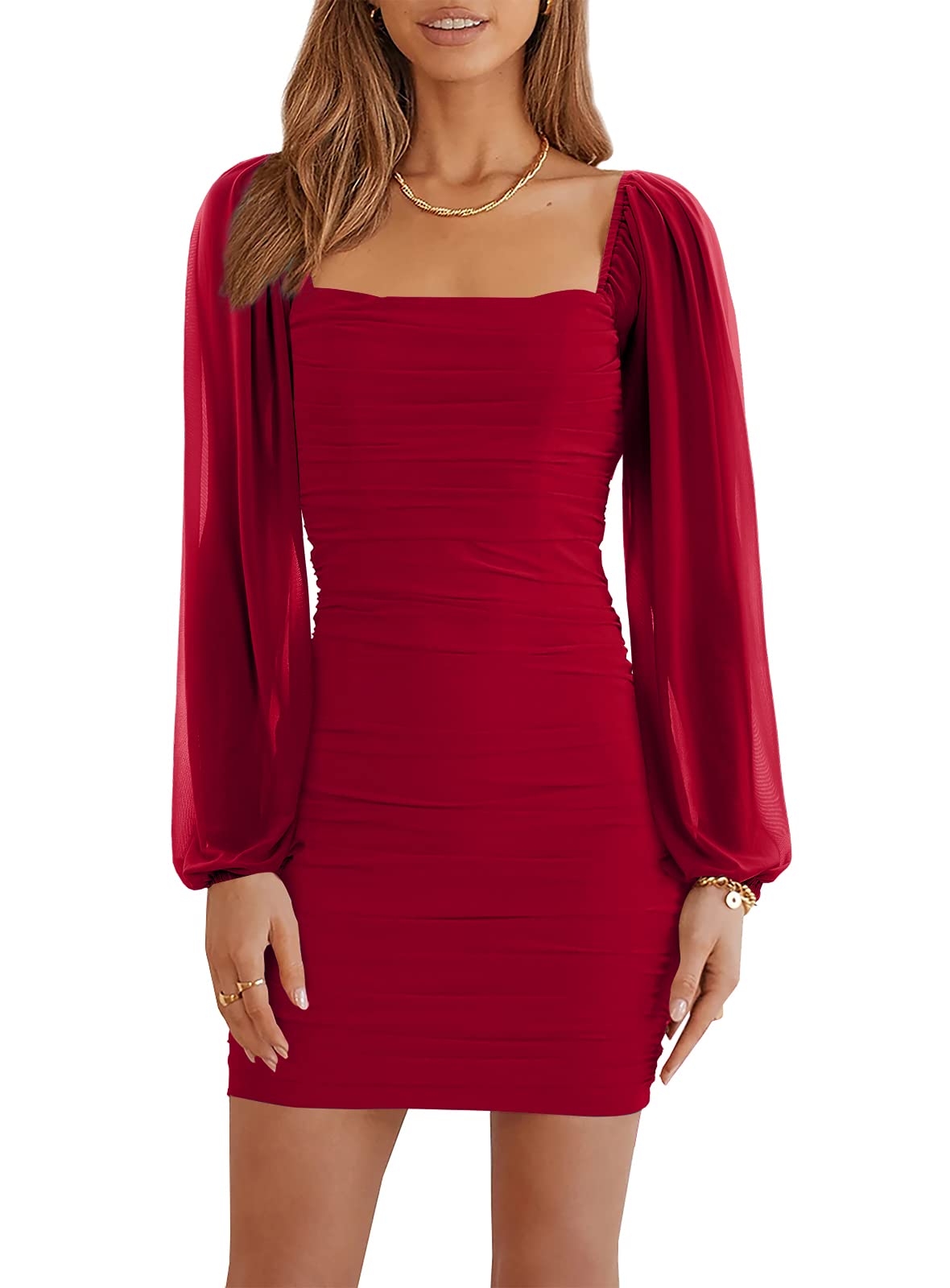 Wenrine Women's Mesh Long Sleeve Square Neck Ruched Party Club Cocktail Bodycon Mini Dress Red