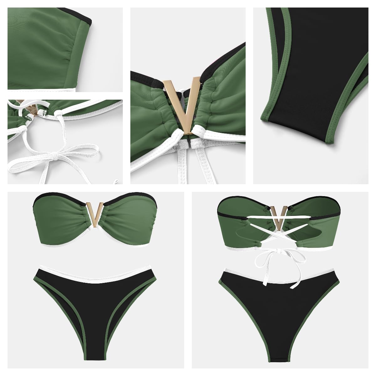 ZAFUL Women's Bandeau Bikini V Strapless Confetti Colorblock Tie Back High Cut Two Piece Swimsuit Bathing Suits (1-Army Green, M)