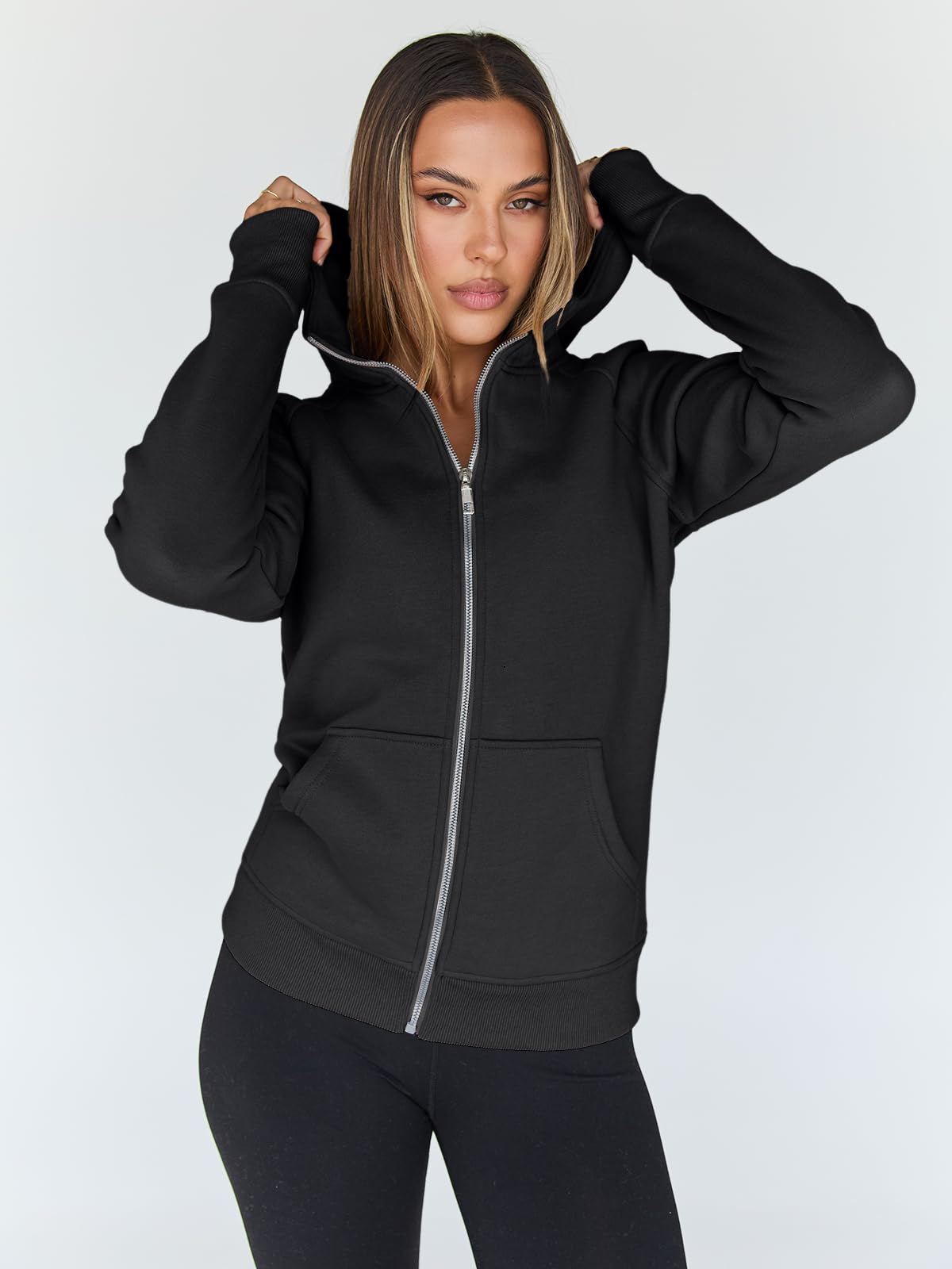 Trendy Queen Women's Full Zip Up Hoodie - Fitted Long Sleeve Sweatshirts for Fall and Winter Black M