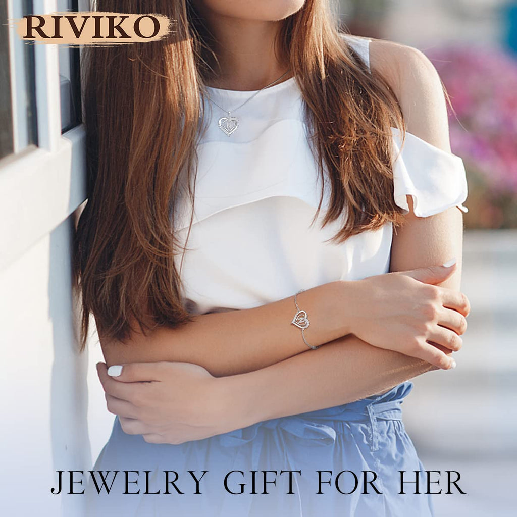 RIVIKO Heart Initial Bracelets for Women, 925 Sterling Silver Letter N Bracelets,Mothers Day Gifts for Wife