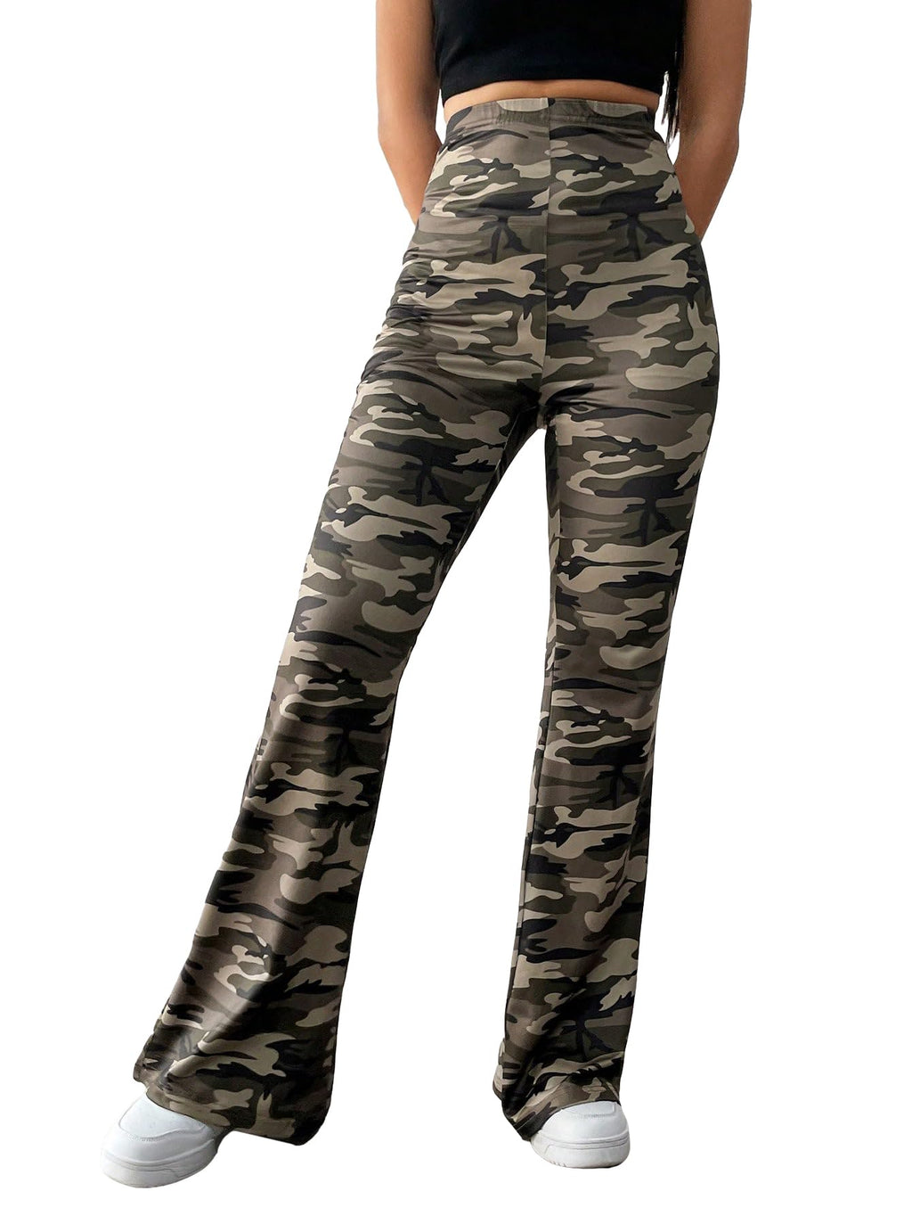 WDIRARA Women's Newspaper Print Flare Wide Leg Elastic Waist Fitted Funky Letter Print Pants Army Green Small