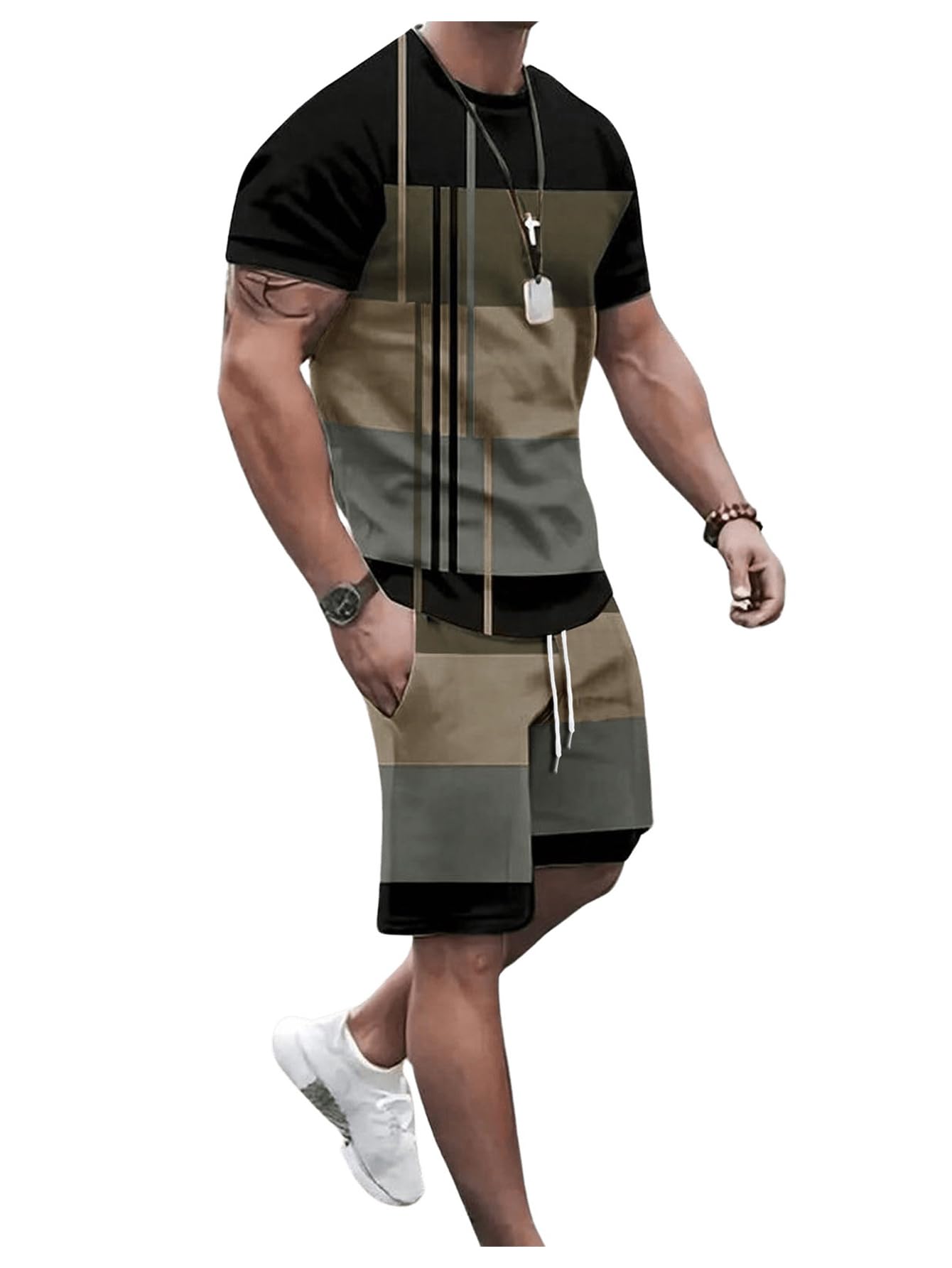 GORGLITTER Men's Beach Vacation 2 Piece Summer Outfits Short Sets Casual Short Sleeve T Shirt Track Shorts Matching Set Multicolor Small