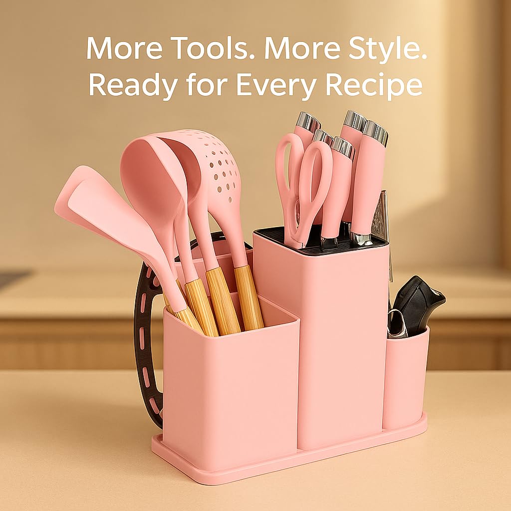 DANFFI 20-Piece Pink Kitchen Utensil Set – Silicone Cooking Tools with Wooden Handles, Knife & Scissor Set, Cutting Board, Grater & More – Non-Stick, BPA-Free Kitchen Gift Set