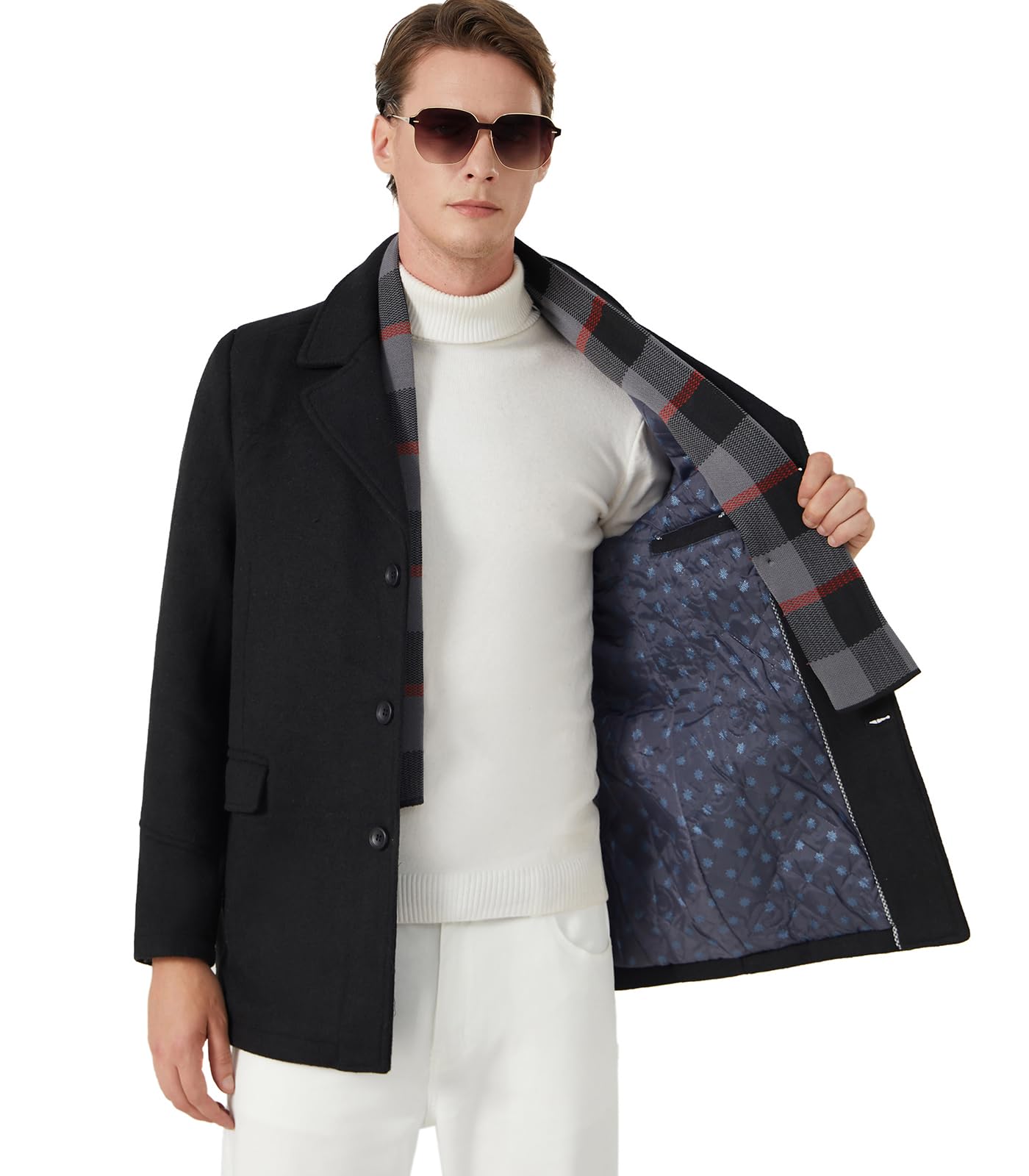 INVACHI Men's Wool Blend Coat Warm Winter Trench Coat with Detachable Soft Scarf Single Breasted Pea Coat