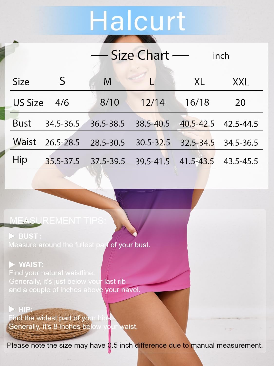 Halcurt Women's Half Zip Short Sleeve Rash Guard Swim Shirt with Tie Drawstring UPF50+ Swimsuit Top Ombre Purple Pink XL