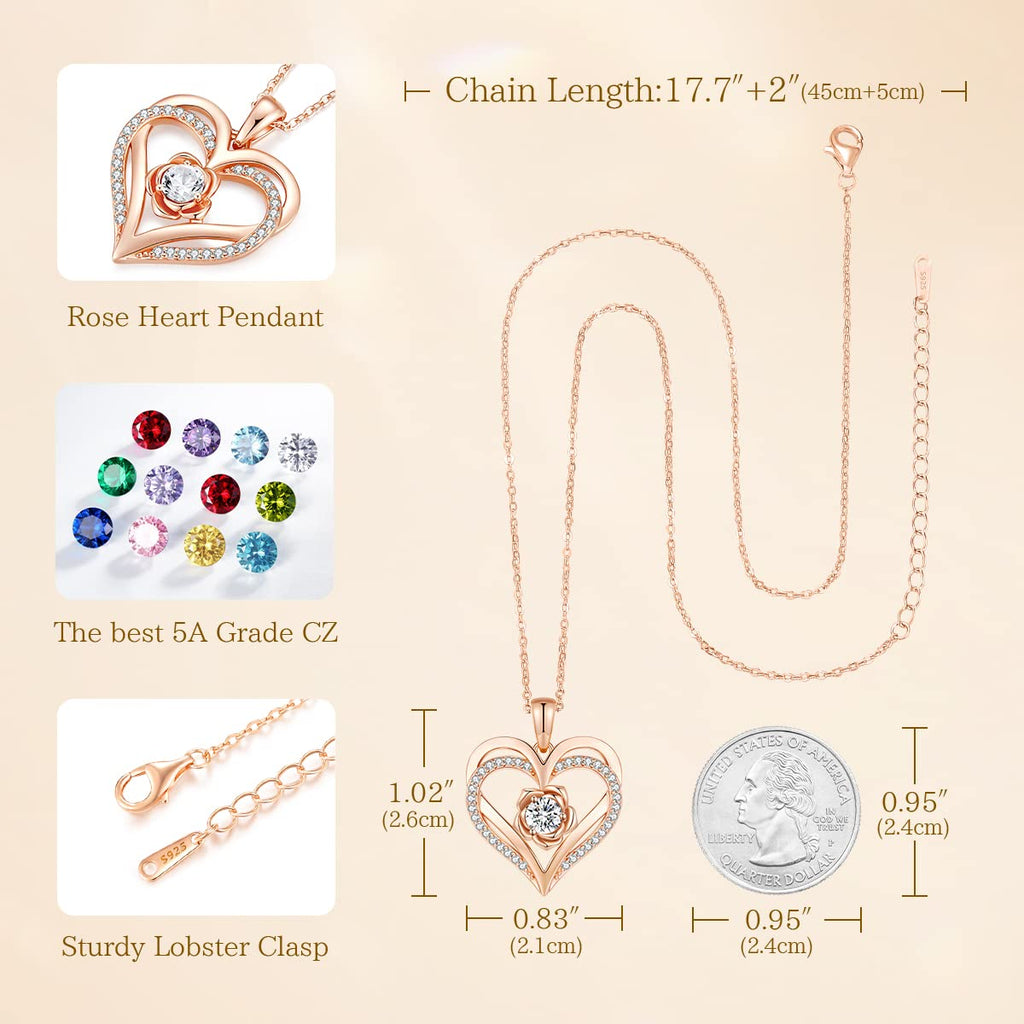 CDE Valentines Day Gifts for Women S925 Silver Rose Gold Heart Birthstone Necklaces for Women，Ideal Anniversary or Birthday Jewelry Gifts for Wife Girlfriend Her