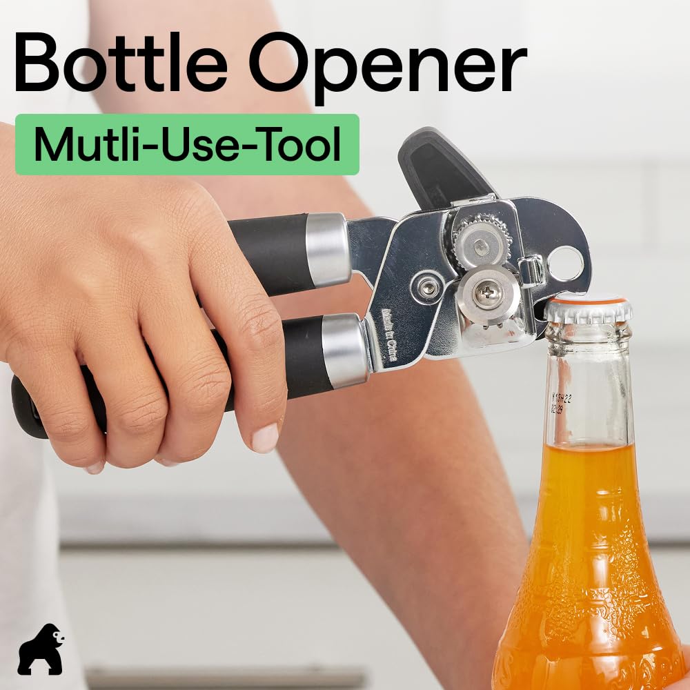 GORILLA GRIP Heavy Duty Stainless Steel Smooth Edge Manual Can Opener and Bottle Openers, US Designed, Soft Comfortable Handle, Oversized Handheld Turn Knob, Multifunctional Kitchen Tool, Black