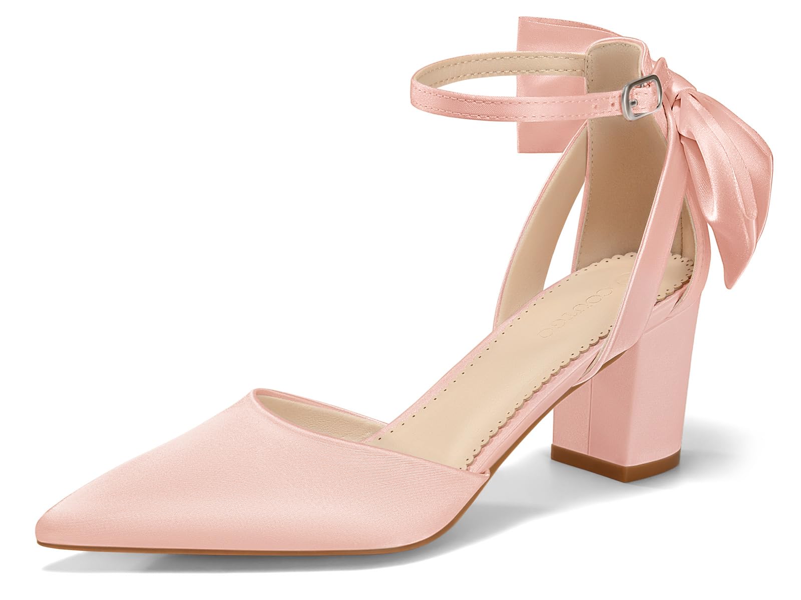 Coutgo Womens Chunky Heels Low Heel Ankle Strap D'Orsay Pumps Closed Pointed Toe Wedding Bridal Shoes, Pink, Size 8.5