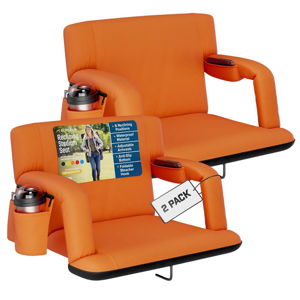 Alpcour Reclining Stadium Seat – Wide Bleacher Chair with Back Support and Cushion, Armrests, Side Pockets, and Bleachers Hook – Best Stadium Seats Chairs for Camping, Kayak, & Paddle Board Backs