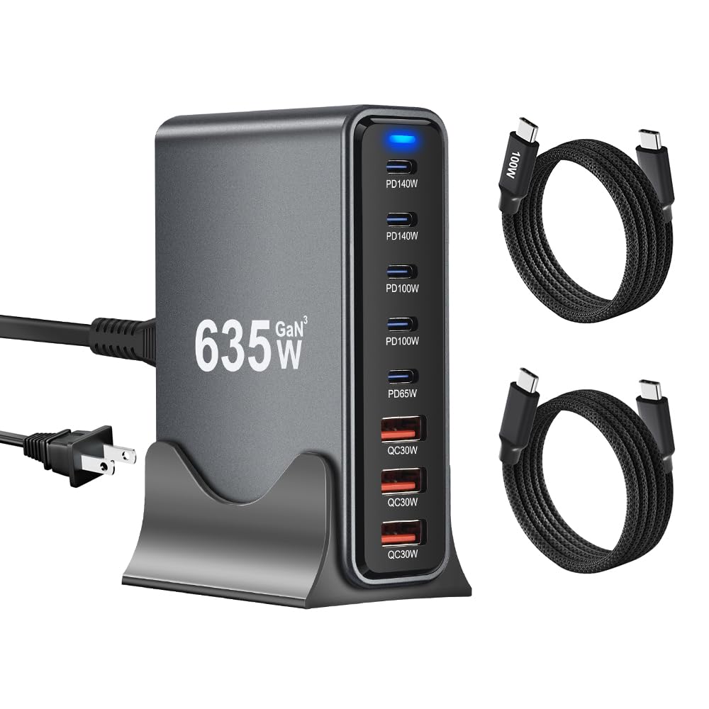 SquareWiz 635W GaN Super Fast Charging Station for Multiple Devices,8 Port USB C Charger Stations for iPhone,iPad,MacBook,Tablet,Android Cell Phone,Type C 200W Desktop Multi-Device Charging Hub Block