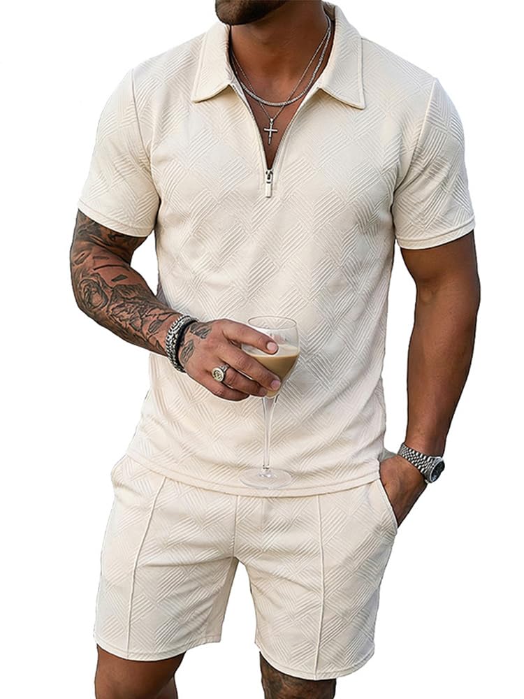 Kgamfar Mens Summer Track Suits 2 Piece Shorts Sets Short Sleeve Sweatsuit casual Outfits Polo Shirts workout,BEIGE,M