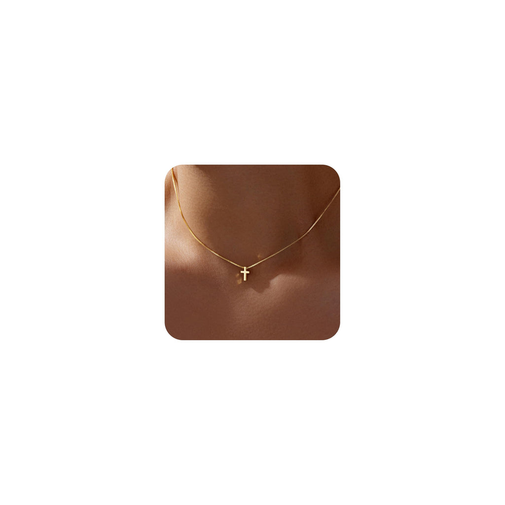 Poxtex Gold Cross Necklace for Women Teen Girls Dainty Cute 14K Gold Plated Small Cross Pendant Trendy Jewelry Non Tarnish Waterproof Simple Tiny Necklace Religious Christian Baptism Jesus Faith Gifts Stuff