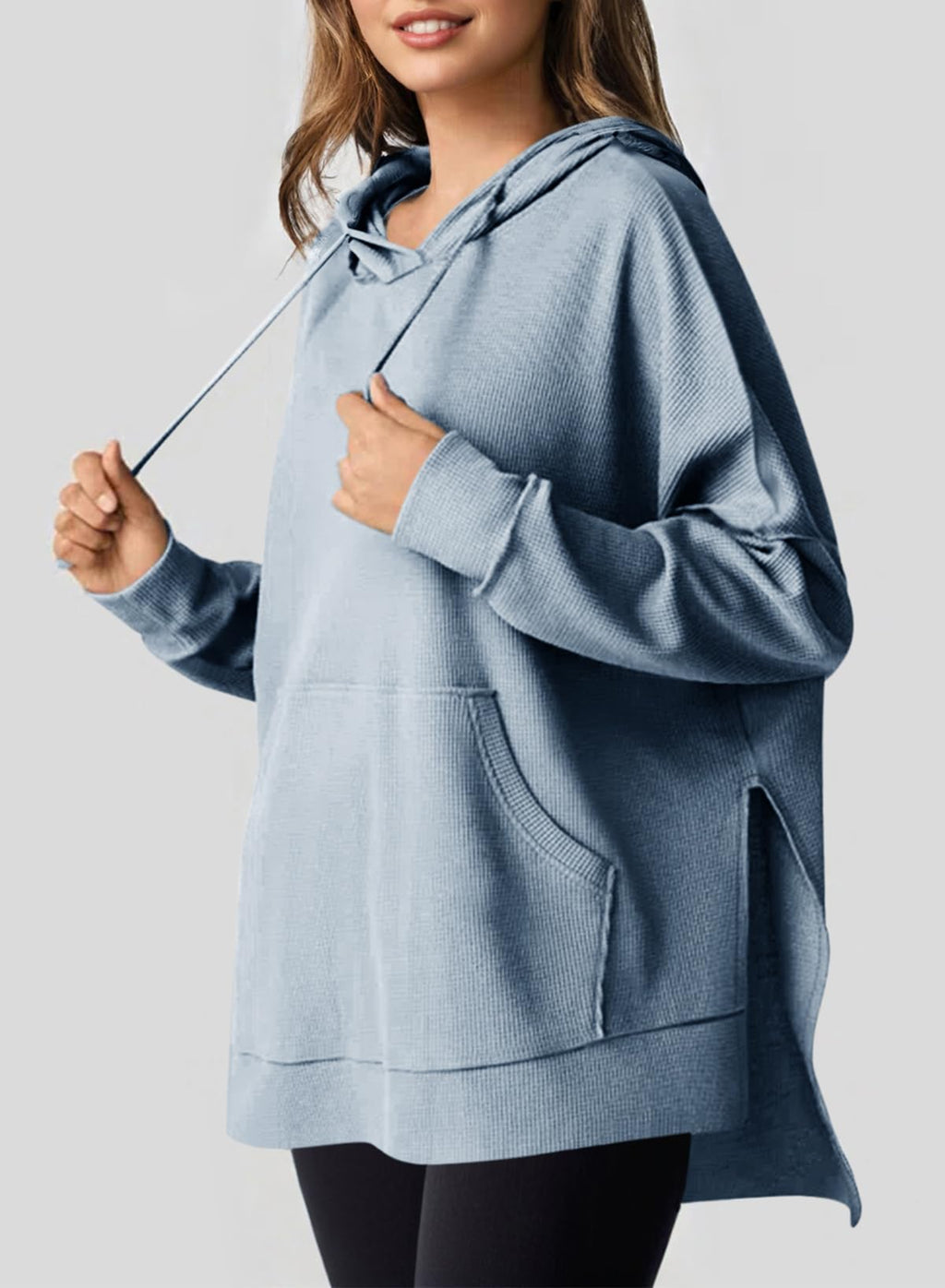 Dokotoo Womens Oversized Hoodie Casual Loose Fall Long Sleeve Sweatshirt Fall Outfits for Women 2025 Trendy Waffle Knit Side Slit Solid Color Hoodies with Pocket Sky Blue Small