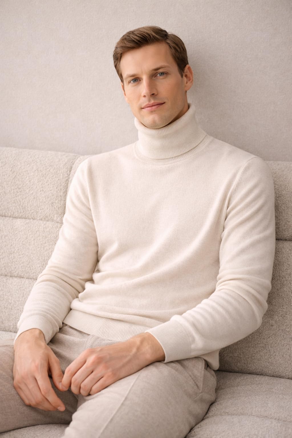State Cashmere Men's Essential Turtleneck Sweater 100% Pure Cashmere Classic Long Sleeve Pullover (Undyed White, Large)