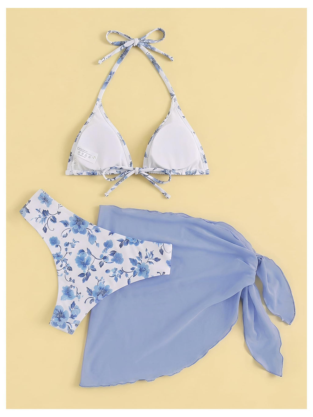 SHENHE Women's 3 Piece Polka Dots Floral Bikini Set with Wrap Coverup Halter Triangle Swimsuits Blue W Large