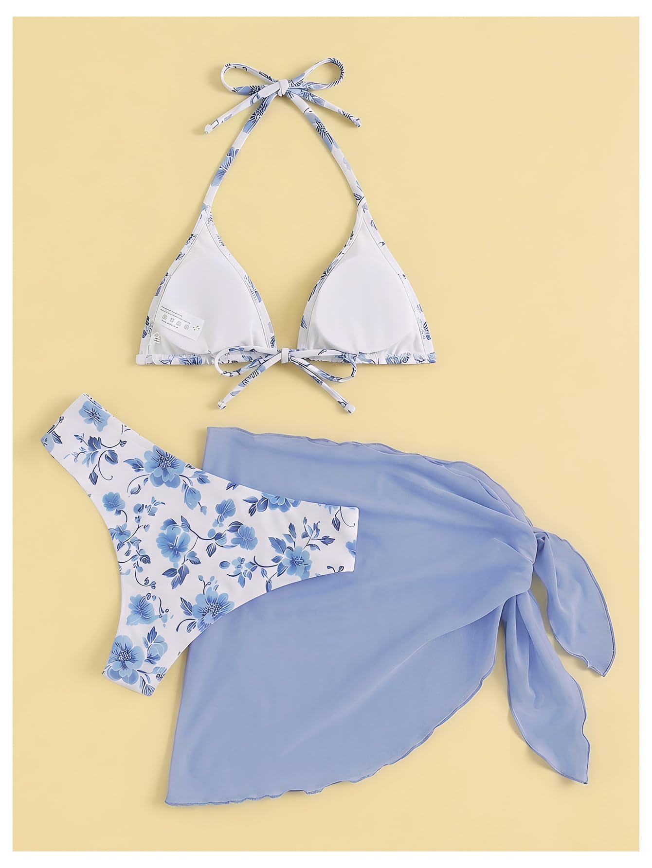 SHENHE Women's 3 Piece Polka Dots Floral Bikini Set with Wrap Coverup Halter Triangle Swimsuits Blue W Large