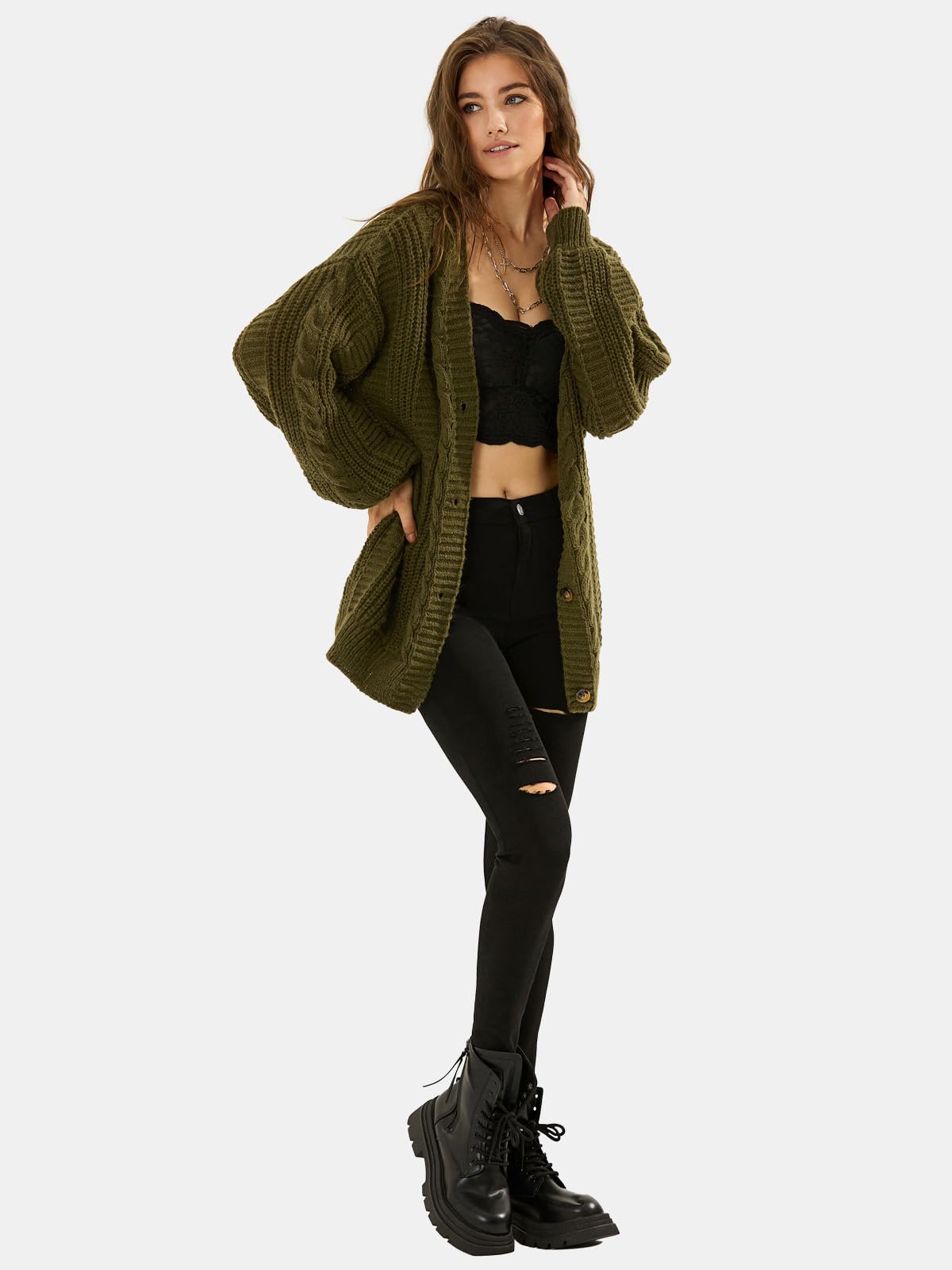 EXLURA Womens 2025 Oversized Cardigan Sweaters Fall Winter Lightweight Soft Knit Cardigan Open Front Button Outwear Coats Army Green