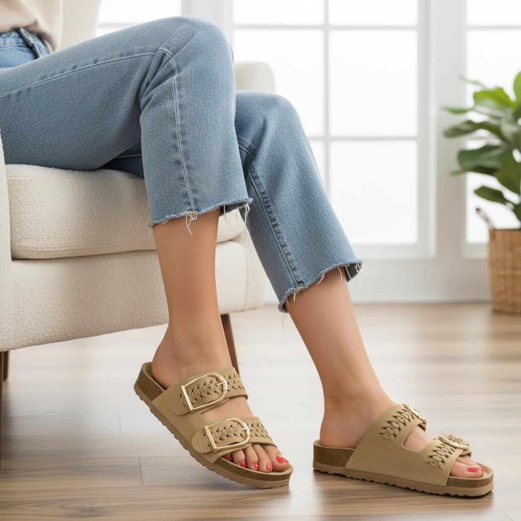 CUSHIONAIRE Cashew Slip On Womens Sandals, Genuine Suede Leather Braided Double Strap Slide On Sandals with Adjustable Big Buckle for Women 2026, Sand 8