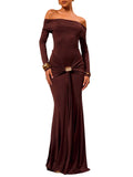 Verdusa Women's Wedding Guest Off Shoulder Maxi Dresses Ruched Bodycon Elegant Dresses Coffee X-Large