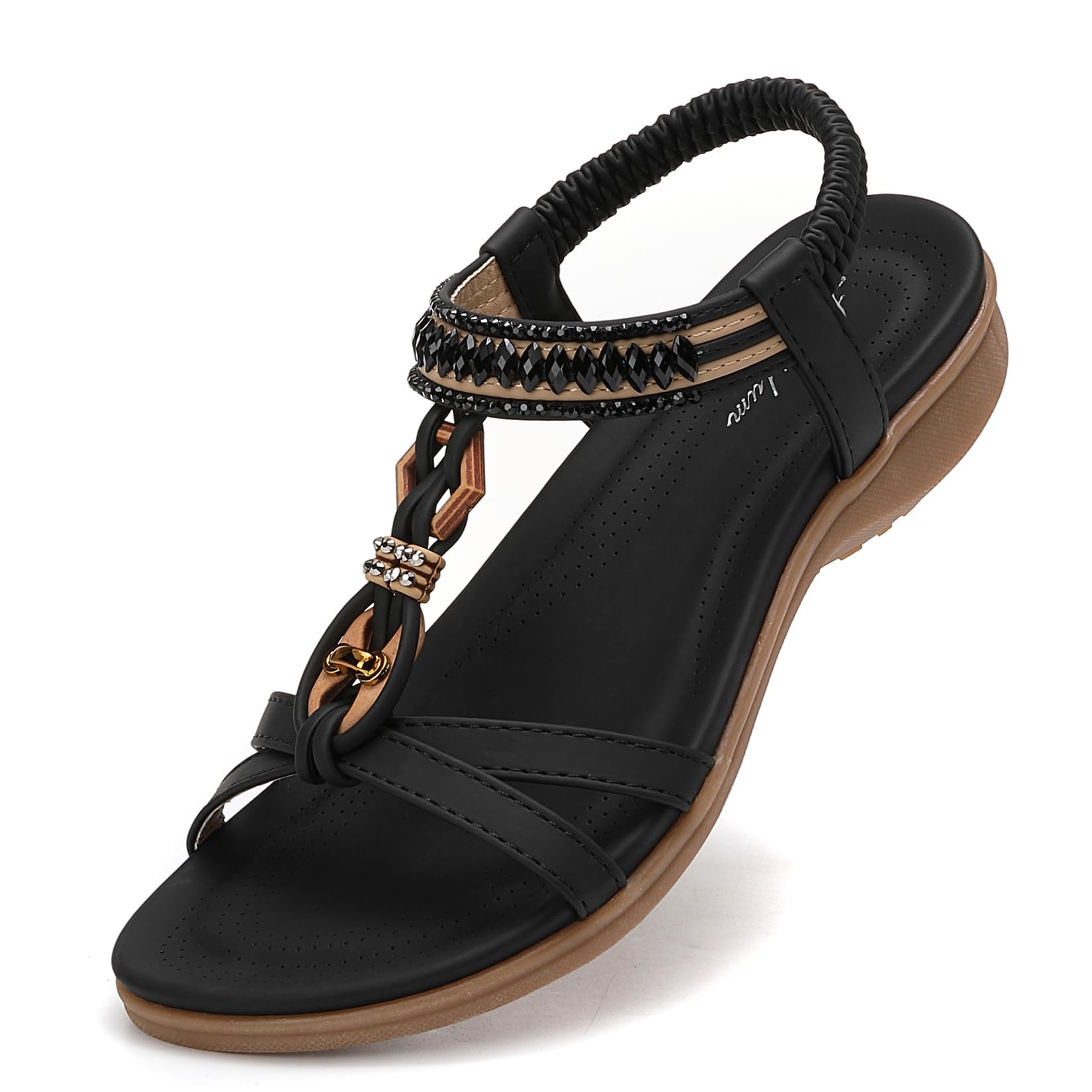 Littleplum Womens Flat Sandals Arch Support Summer Beach Sandals Comfort Walking Shoes Dress Ankle Elastic Bohemian Sandals for Women Black Size 8.5