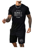WDIRARA Men's 2 Piece Short Sets Graphic Print Short Sleeve T Shirts and Drawstring Shorts Clothing Set Black Letter X-Large