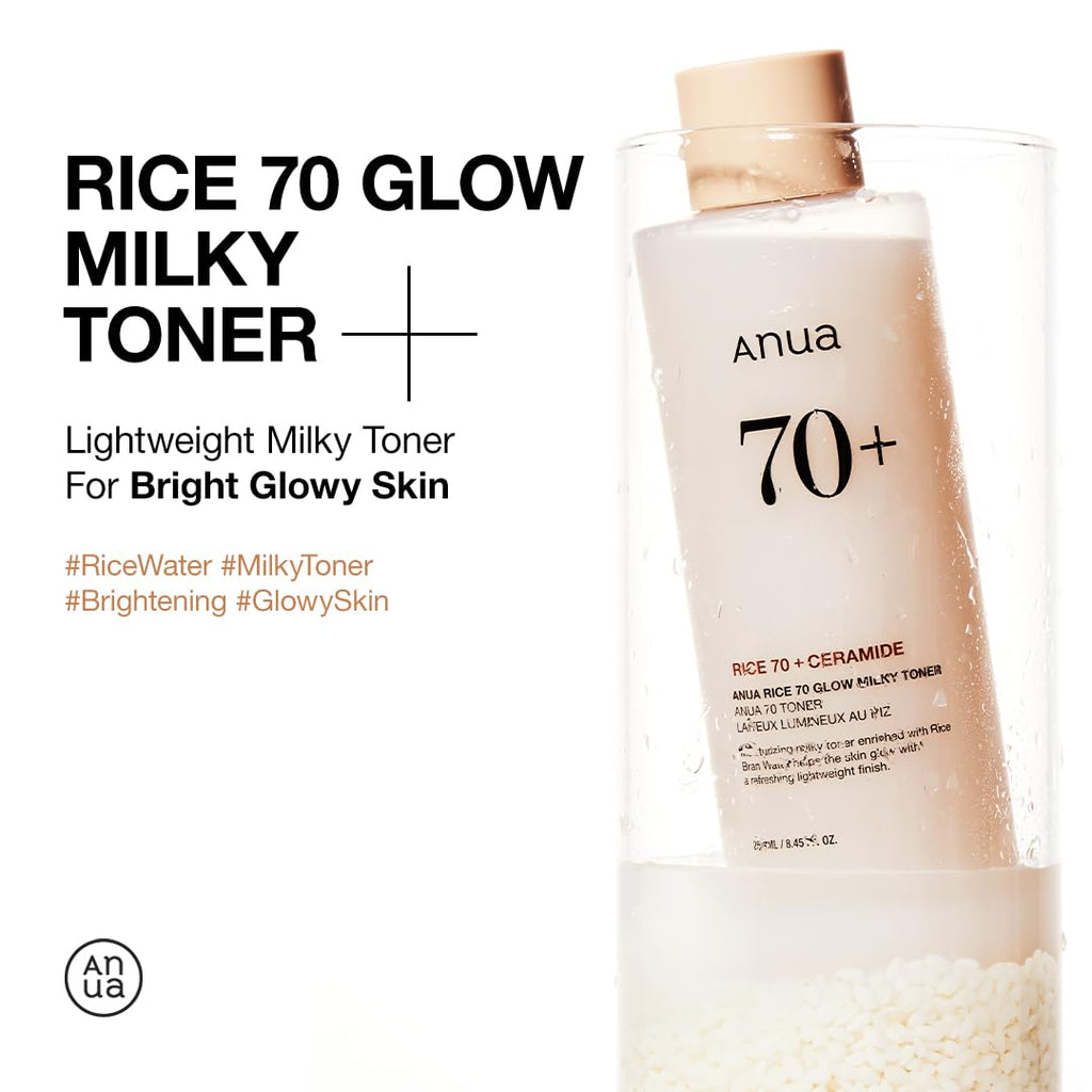 Anua Rice 70 Glow Milky Toner, Glass & Dewy Skin, Hydrating & Barrier Care, Rice Water, Niacinamide, Ceramides, All Skin Types, Fragrance-Free, Non Comedogenic, Korean Skincare, 8.45 fl.oz.