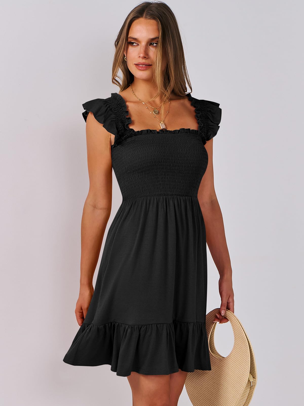 ANRABESS Women's Summer Casual Sleeveless Square Neck Dress 2026 Smocked Ruffle Backless Boho Beach Cute Teen Short Sundress Black Large