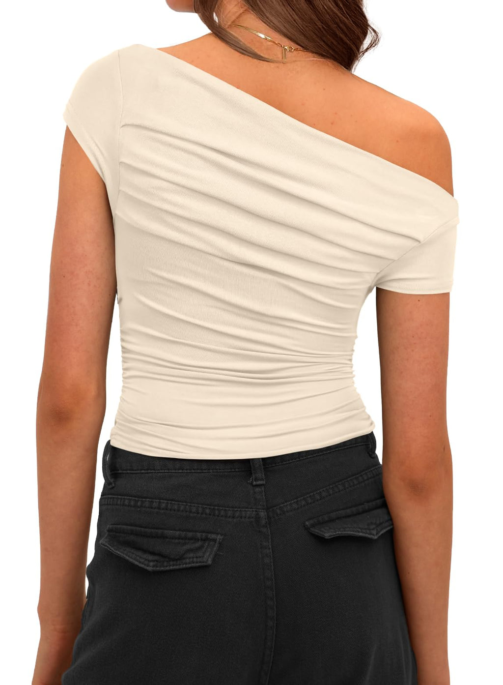 Darong Women's Classic Fit Short Sleeve Boat Neck T Shirt Y2K Tight Tshirts 9048 Light Beige L