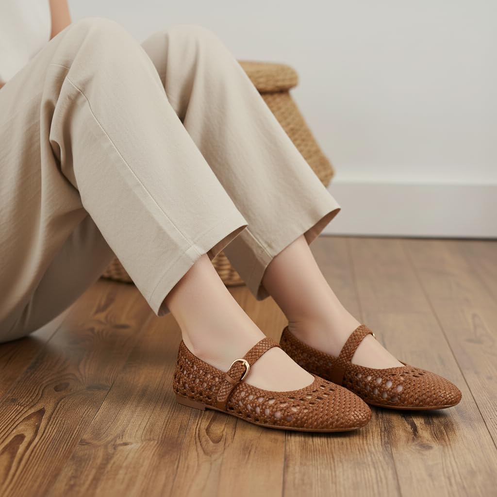 CUSHIONAIRE Windsor Woven Womens Flats with Adjustable Strap – Comfortable Mary Jane Ballet Flats for Women, Cognac 6