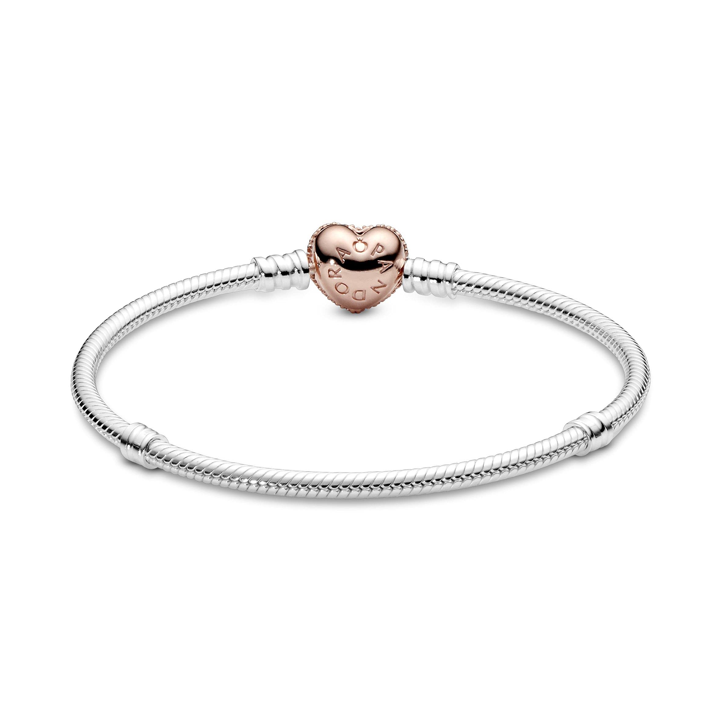 Pandora Jewelry - Moments Pave Heart Clasp Snake Chain Cubic Zirconia Bracelet - Gift for Her - Pandora Rose - 6.7"