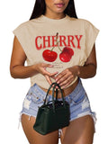 WDIRARA Women's Plus Size Cherry Letter Graphic T-Shirts Crew Neck Dolman Sleeve Crop Top Apricot X-Large Plus