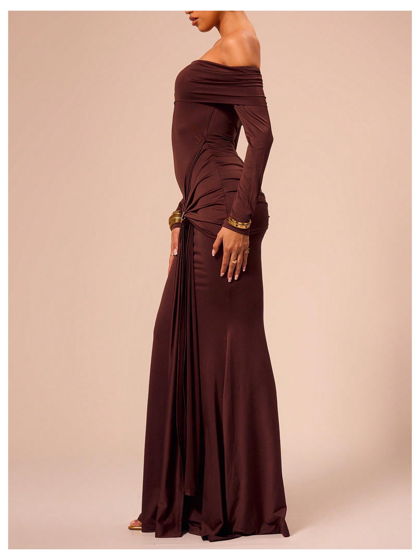 Verdusa Women's Wedding Guest Off Shoulder Maxi Dresses Ruched Bodycon Elegant Dresses Coffee X-Large