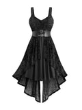 ROSE GAL Women Plus Size Gothic Sleeveless Dress Glitter Floral Flocking Ruched PU Panel Waist Split Back Layered High Low Asymmetric A Line Midi Goth Dress(Black/4X)