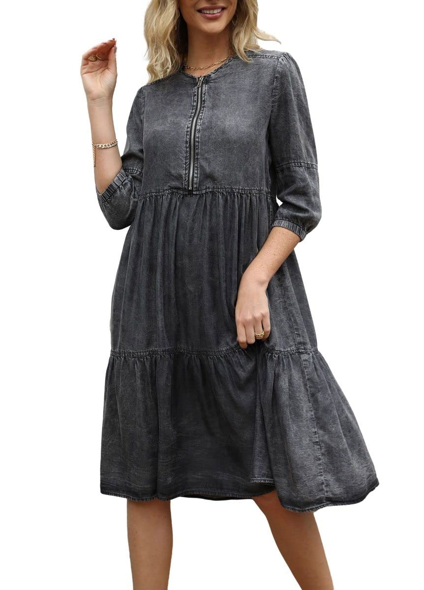 chouyatou Women's Vintage Washed Loose Fit 3/4 Sleeve Tiered Babydoll Mini Denim Jean Dress (Large, Black)