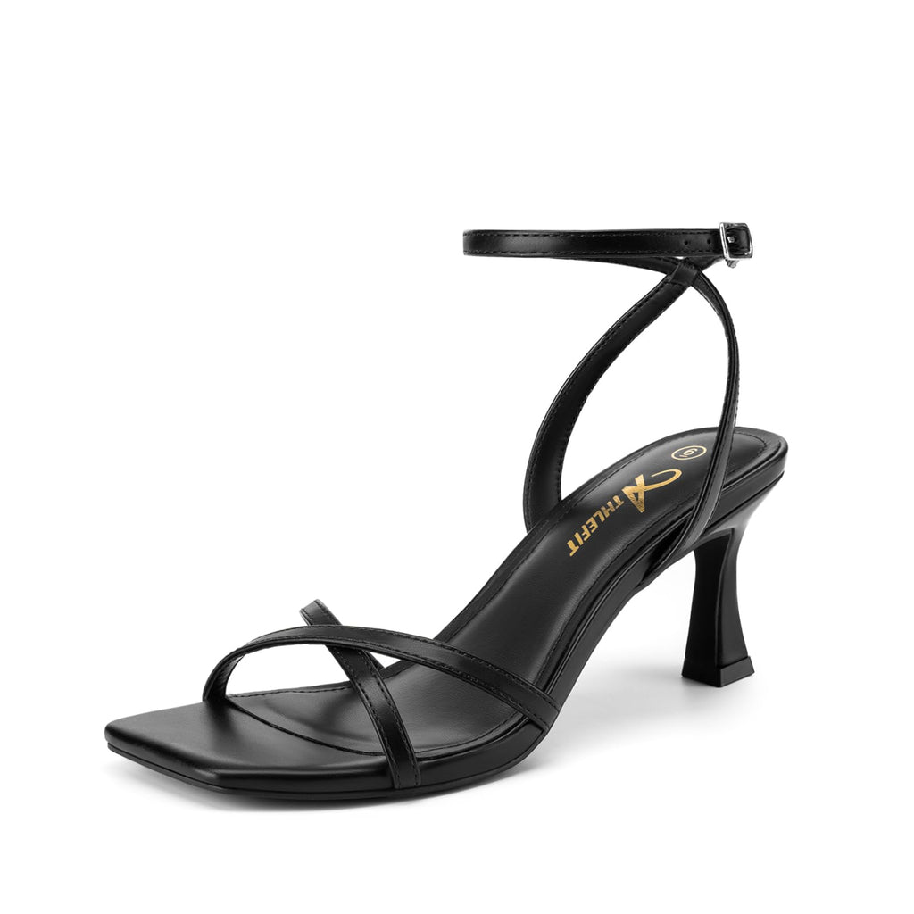 Athlefit Black Kitten Heels for Women Square Open Toe Strappy High Heels Comfortable Dressy Summer Graduation Ankle Strap Heeled Sandals Size 8.5