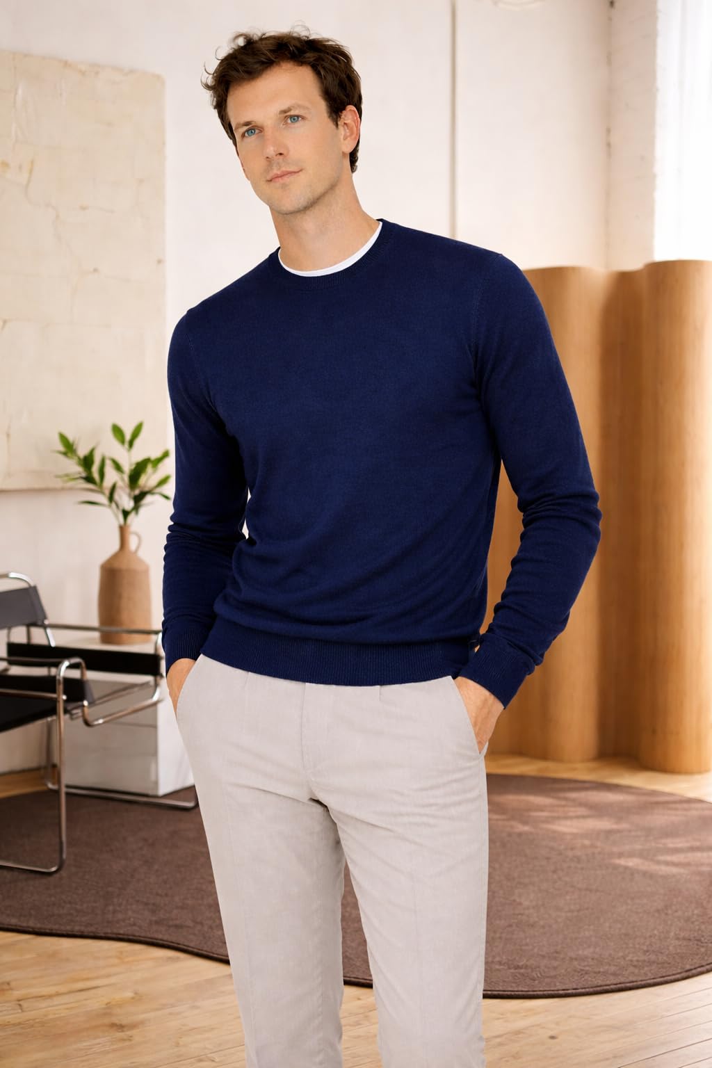 State Cashmere Men's Essential Crewneck Sweater 100% Pure Cashmere Classic Long Sleeve Pullover (Navy, Large)