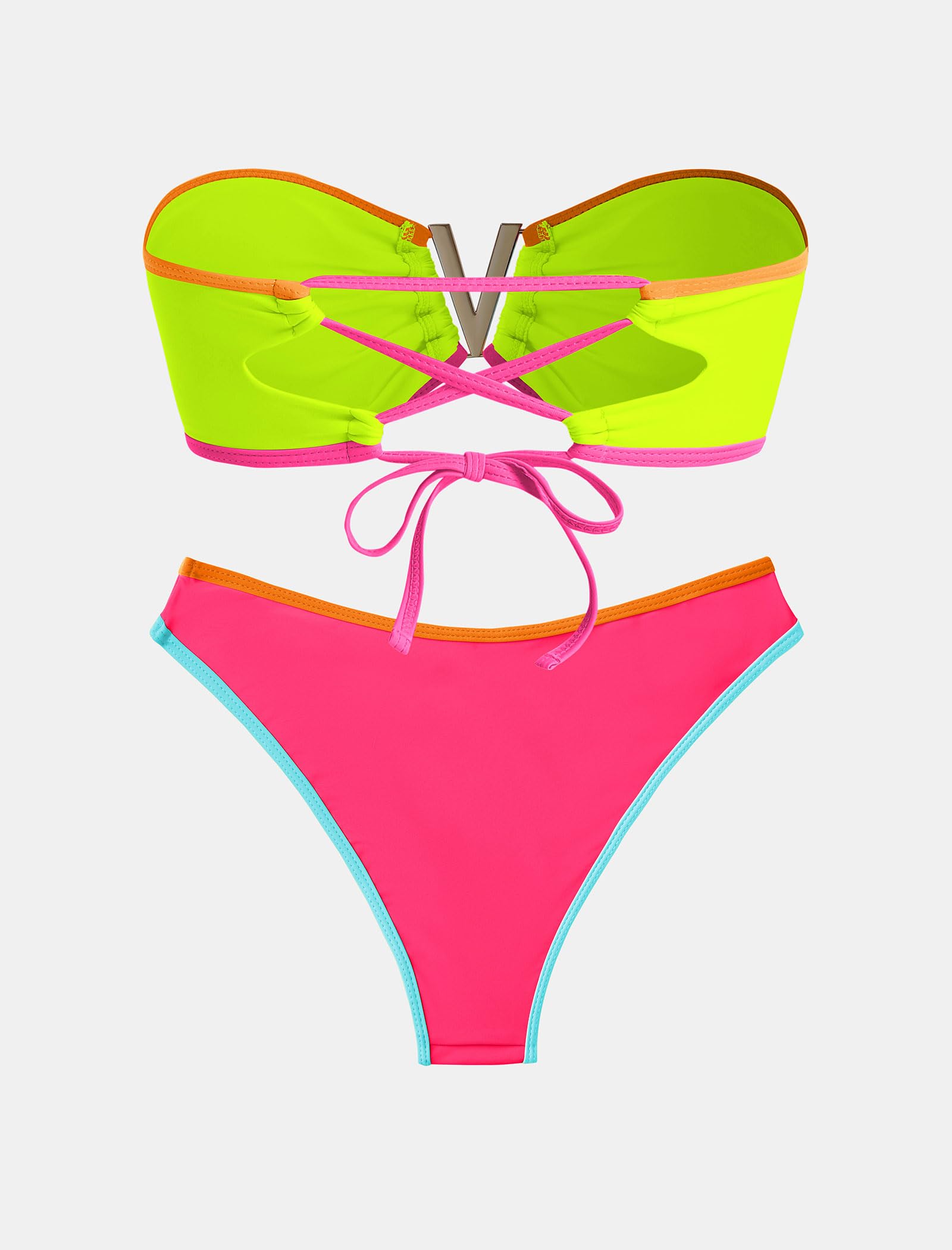 ZAFUL Women's Bandeau Bikini V Strapless Confetti Colorblock Tie Back High Cut Two Piece Swimsuit Bathing Suits (1-Pink+Green, M)