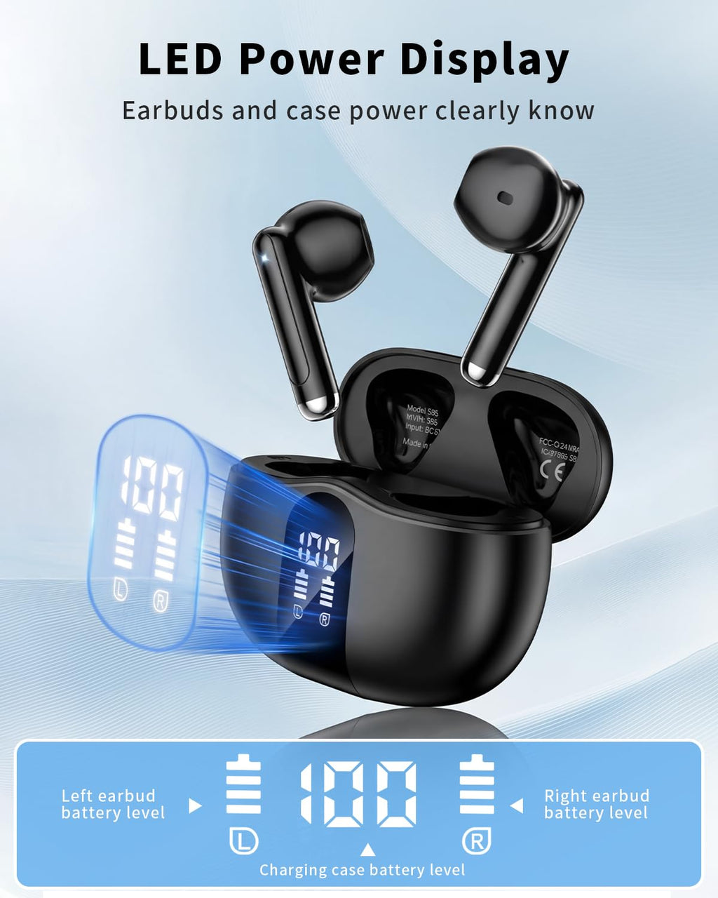Wireless Earbuds, Bluetooth 5.4 Headphones HiFi Stereo, Ear Buds with 50H Playback, LED Display Wireless Earphones Clear Calls, IP7 Waterproof, Bluetooth Earbuds for Laptop/Phones/Sports, Black