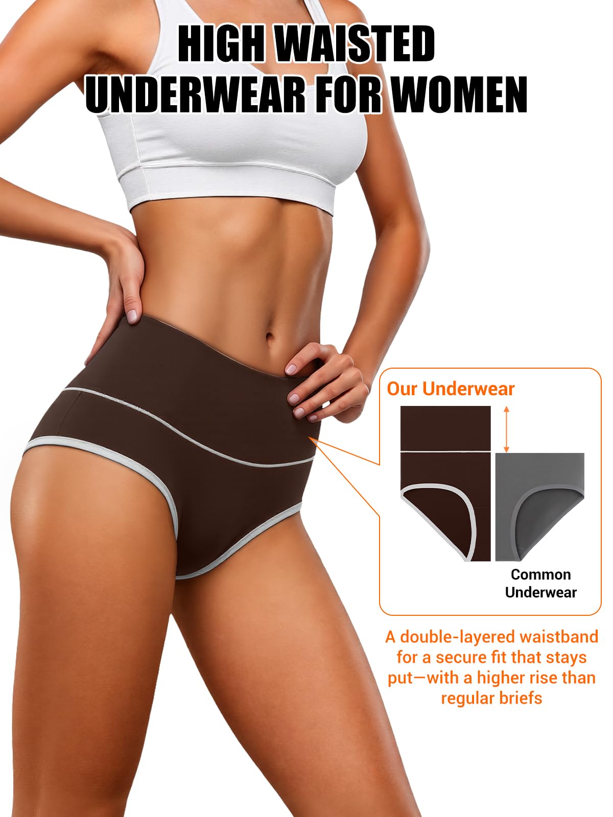 Eadflie Cotton Underwear for Women High Waisted Briefs Stretch Soft Ladies Panties Full Coverage Underpants 5 Pack - Black/Coffee Brown/Camel/Deep Apricot/Heather Gray/S