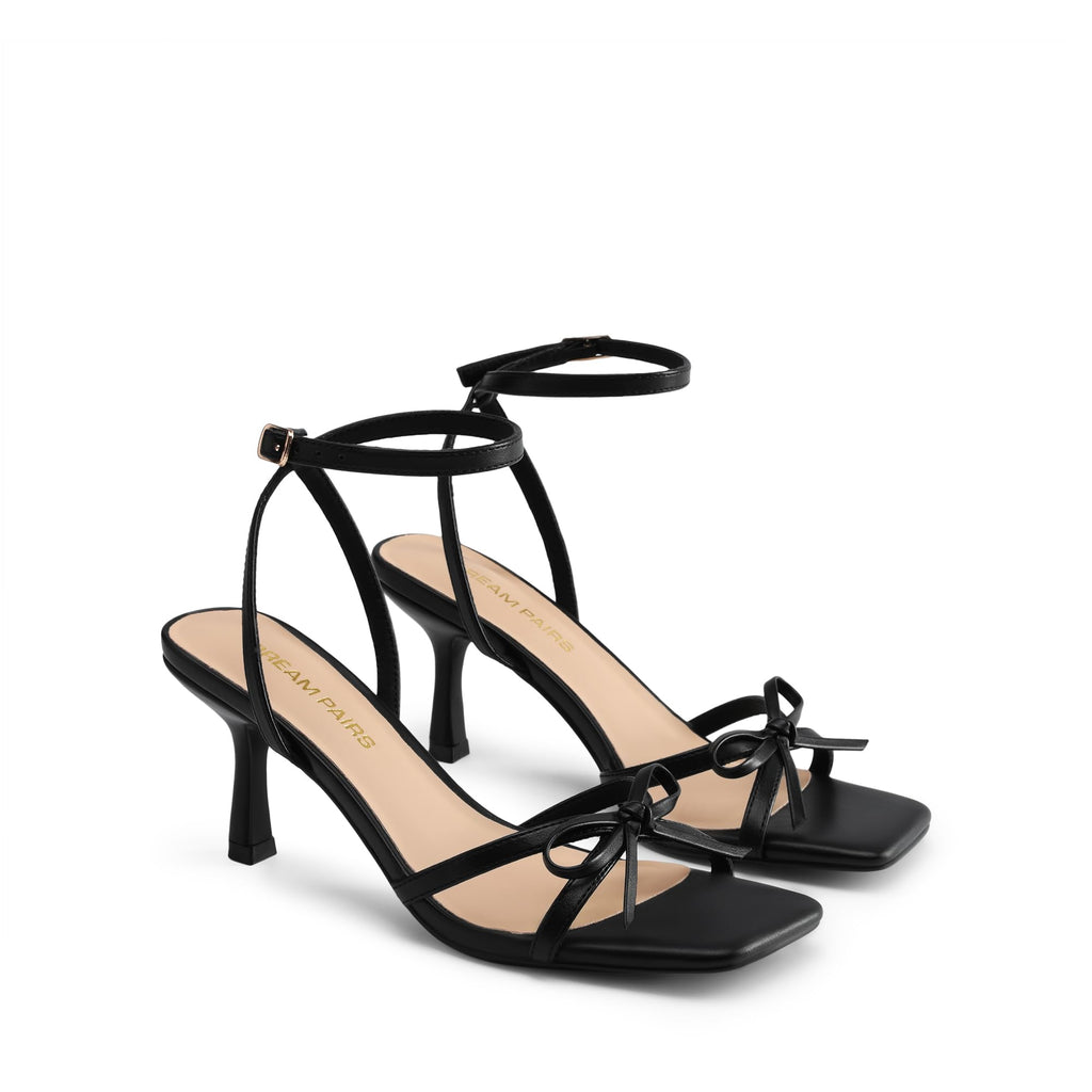 DREAM PAIRS Women's Bow Heels -Kitten Heels for Women, Square Toe Strappy Heeled Sandals, Elegant Wedding & Bridal Bownots Sandals for Formal & Special Occasions,Size 8,Black,SDHS25073W