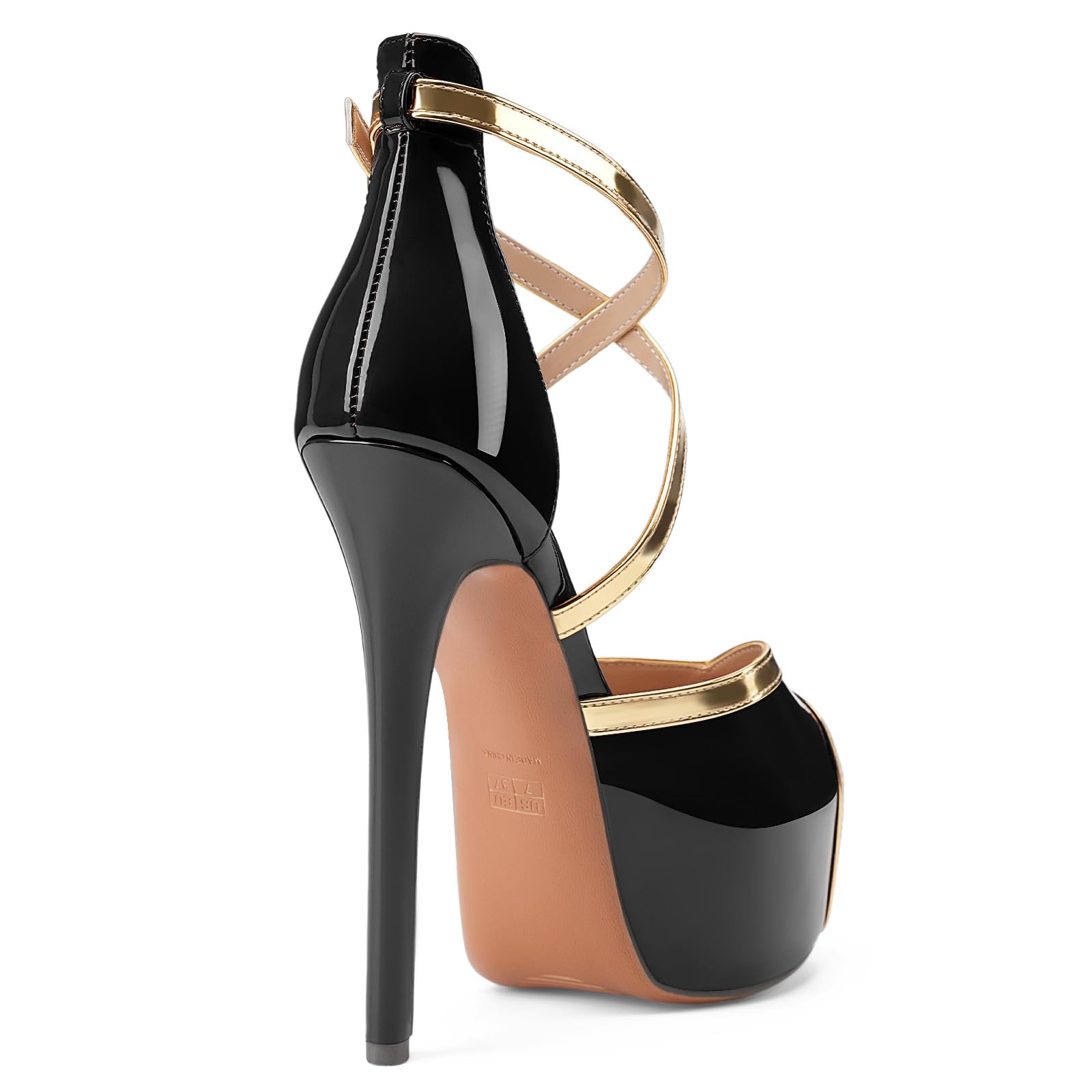 Oh Mispares Stiletto High Heel Sandals Platform Peep Toe Gold Crisscross Strappy Buckle Comfy 6 inch Heeled Pumps Shoes for Women Dressy(Black, Size 10)