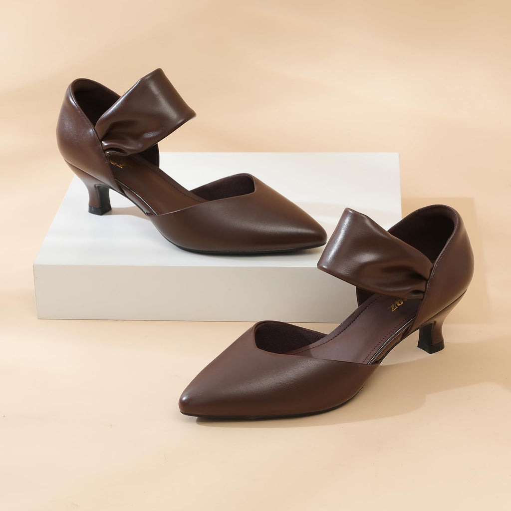 RIBONGZ Dark Brown PU Kitten Heels Comfort Prom Low Heels for Women Closed Pointed Toe Sexy Slip on Pumps Wedding Bridal Working Dressy Shoes 8.5